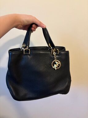 Michael Kors Black Pebbled Leather Tote with Gold MK Charm